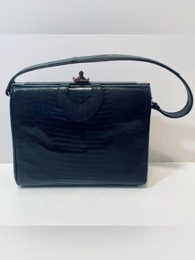 Vintage Mid Century 50’s-60’s Madwed Lizard Skin Black Leather Bag Purse